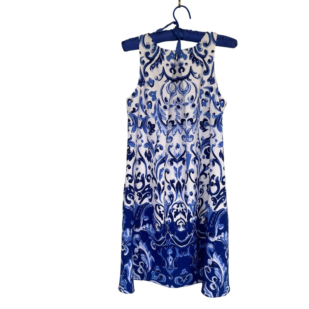 Lauren Ralph Lauren Dress Womens 2 Blue White Damask Scroll Print Sleeveless Zip - Picture 9 of 9
